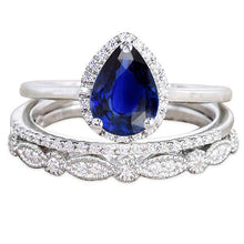 Vintage Style Halo Wedding Ring Pear Cut Blue Sapphire Set 3.50 Carats