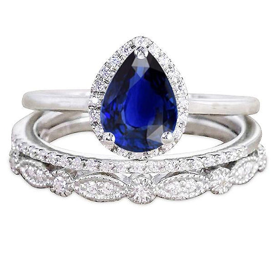 Vintage Style Halo Wedding Ring Pear Cut Blue Sapphire Set 3.50 Carats