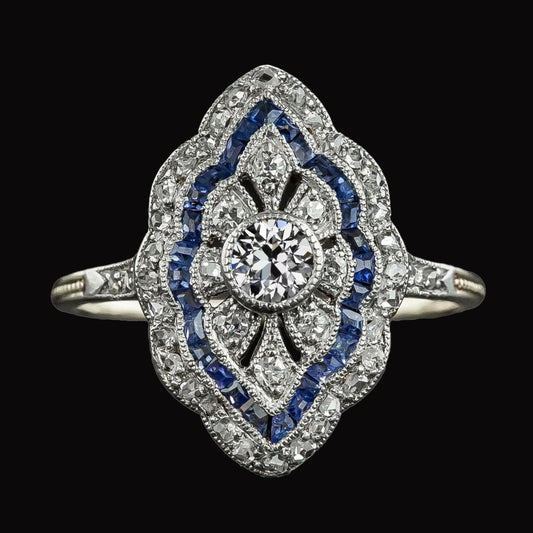 Vintage Style Old Miner Diamond Ring & Trapezoid Sapphires 3.50 Carats