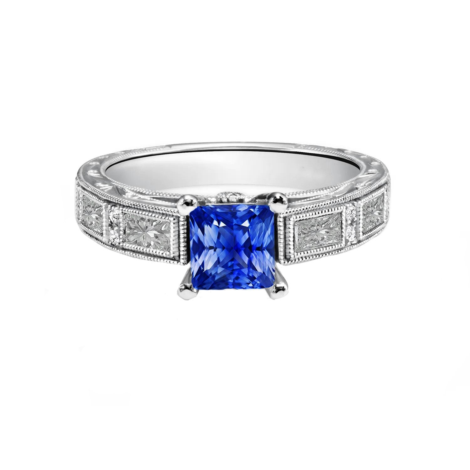Vintage Style Princess Ceylon Sapphire & Diamond Ring 5.50 Carats