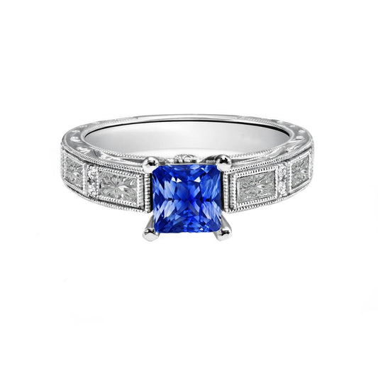 Vintage Style Princess Ceylon Sapphire & Diamond Ring 5.50 Carats