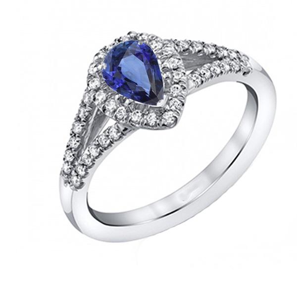 Wedding Halo Ring Pear Ceylon Sapphire Double Shank 2.50 Carats