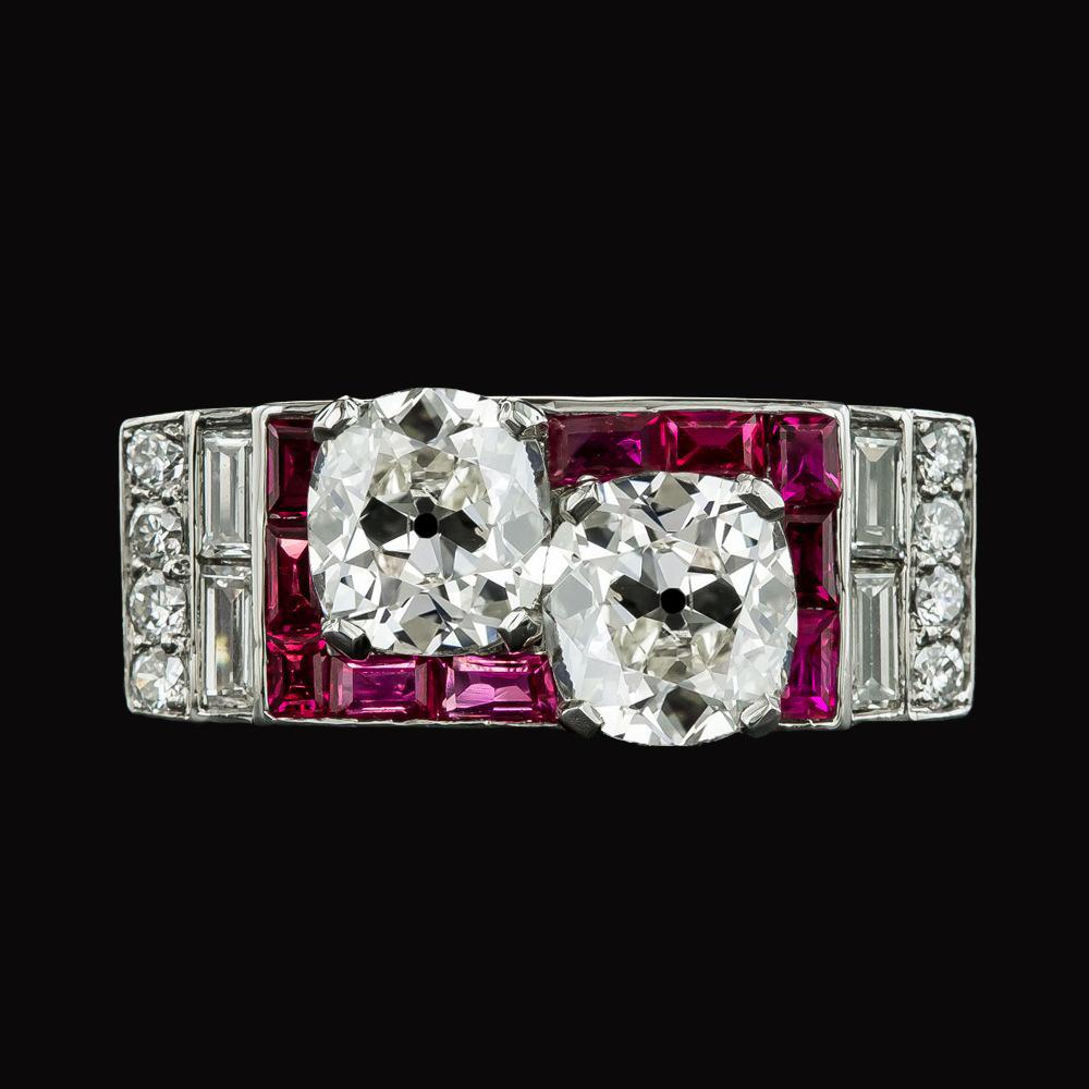 Wedding Ring Baguette & Cushion Old Cut Diamond & Rubies 7.50 Carats