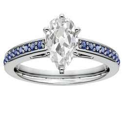 Wedding Ring Pear Old Mine Cut Natural Earth Mined Diamond & Round Blue Sapphire 5 Carats