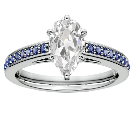 Wedding Ring Pear Old Mine Cut Diamond & Round Blue Sapphire 5 Carats