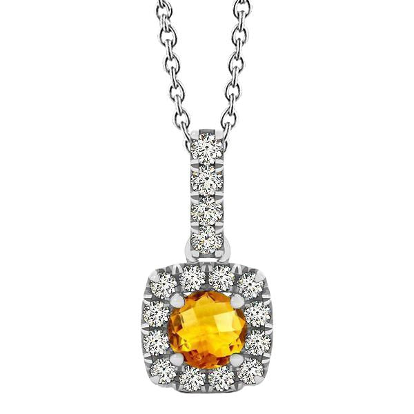 White Gold 11 Ct Prong Set Citrine & Diamonds Pendant With Chain