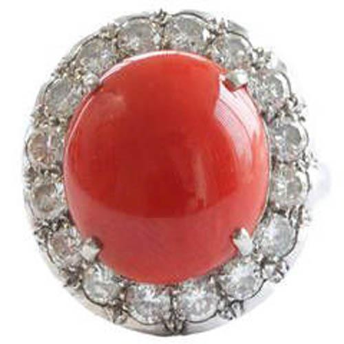 White Gold 14K 14.50 Ct Red Coral And Diamonds Engagement Ring New