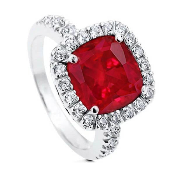 White Gold 14K 4 Carats Cushion Ruby And Round Cut Diamonds Ring