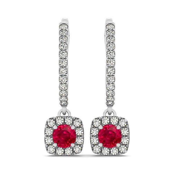 White Gold 14K 7 Ct Round Ruby With Diamonds Dangle Earrings