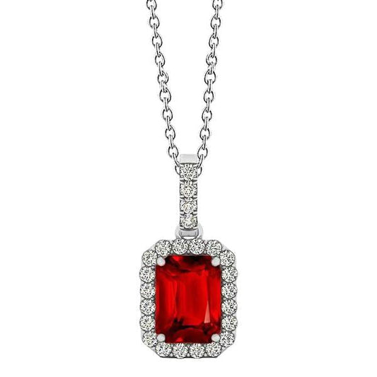 White Gold 14K Emerald Cut Ruby With Round Diamonds 5 Ct Pendant