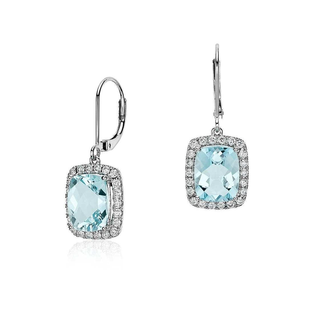 White Gold 14K Ladies Dangle Earrings 6 Ct Aquamarine And Diamonds