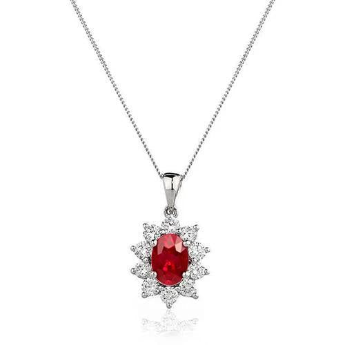 White Gold 14K Necklace 3 Carats Red Ruby Oval & Round Diamonds