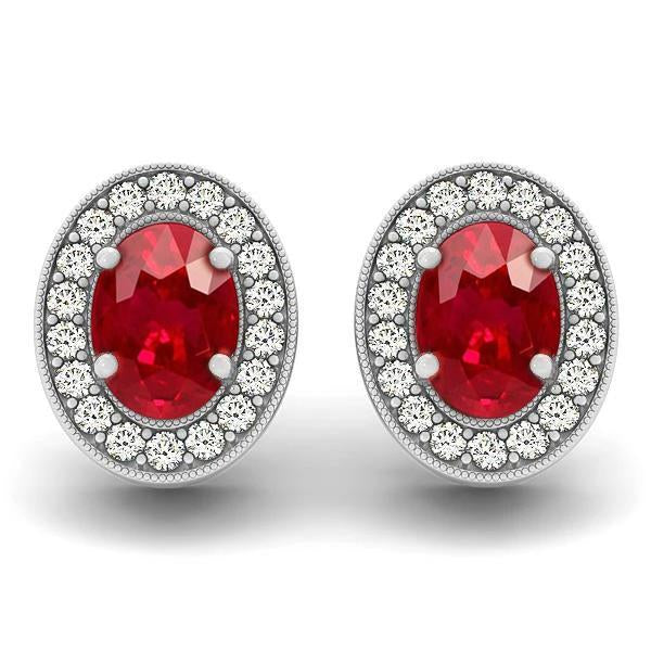 White Gold 14K Red Ruby And Diamonds 5 Carats Lady Studs Earrings