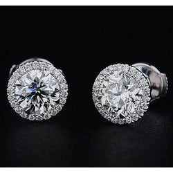 White Gold 14K Round Natural Diamond Stud Earring 2.08 Carats Halo Style