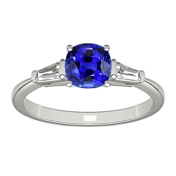 White Gold 3 Stone Cushion Sapphire Ring & Baguette Diamonds 1.75 Carats