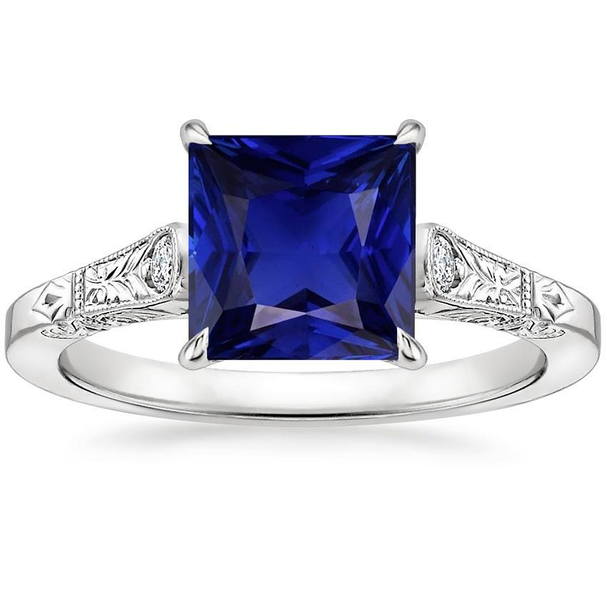 White Gold 3 Stone Diamond & Princess Blue Sapphire Ring 5.25 Carats