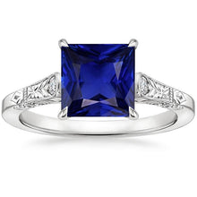 White Gold 3 Stone Diamond & Princess Blue Sapphire Ring 5.25 Carats