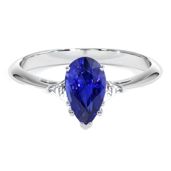 White Gold 3 Stone Ring Blue Sapphire & Trillion Diamonds 2.25 Carats