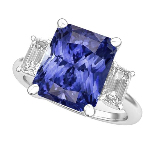 White Gold 3 Stone Ring Emerald Diamond Radiant Blue Sapphire 5 Carats