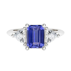 White Gold 3 Stone Ring Emerald Sapphire 2.50 Carats Trillion Natural Earth Mined Diamond