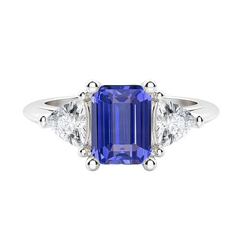 White Gold 3 Stone Ring Emerald Sapphire 2.50 Carats Trillion Diamond