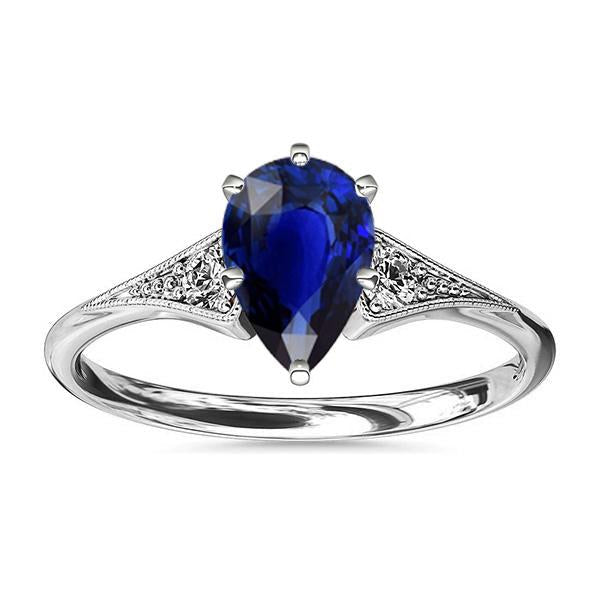 White Gold 3 Stone Ring Pear Ceylon Sapphire & Diamonds 1.75 Carats
