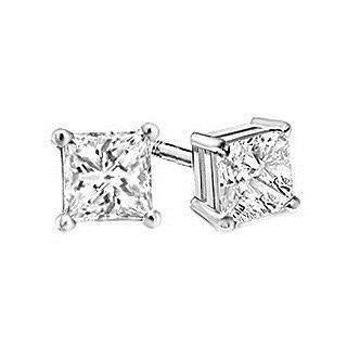 White Gold 4 Prong Set Princess Solitaire Diamond Stud Earrings 14K
