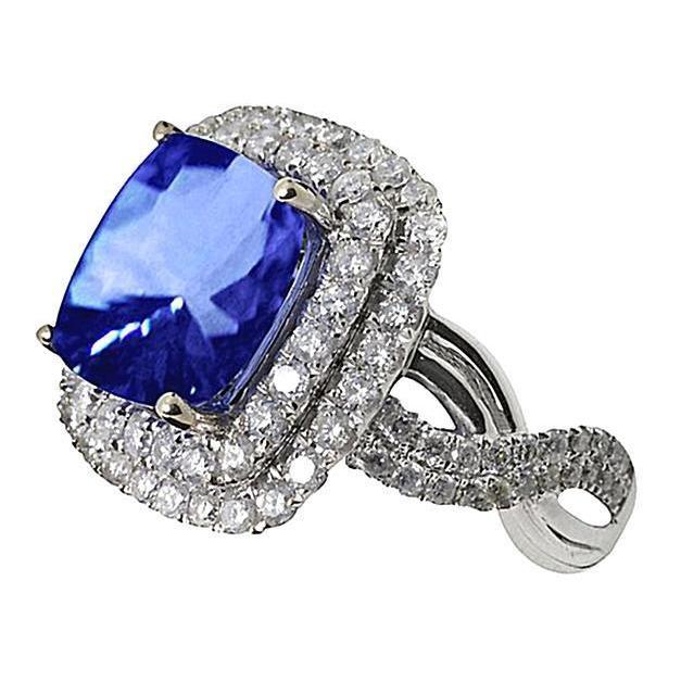 White Gold 4.50 Carats Cushion Ceylon Sapphire Diamond Gemstone Ring