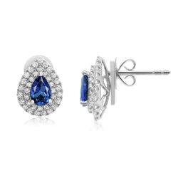 White Gold Blue Sapphire 2.75 Carats Diamond Stud Halo Earring New
