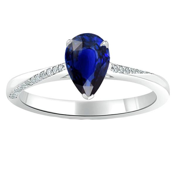 White Gold Blue Sapphire Ring Pear & Round Diamonds 2.50 Carats