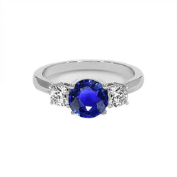 White Gold Blue Sapphire & Round Natural Earth Mined Diamond 3 Stone Ring 5 Carats 14K