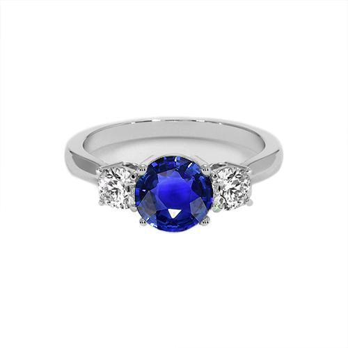 White Gold Blue Sapphire & Round Diamond 3 Stone Ring 5 Carats 14K