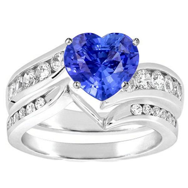 White Gold Diamond Engagement Heart Blue Sapphire Ring Set 4 Carats