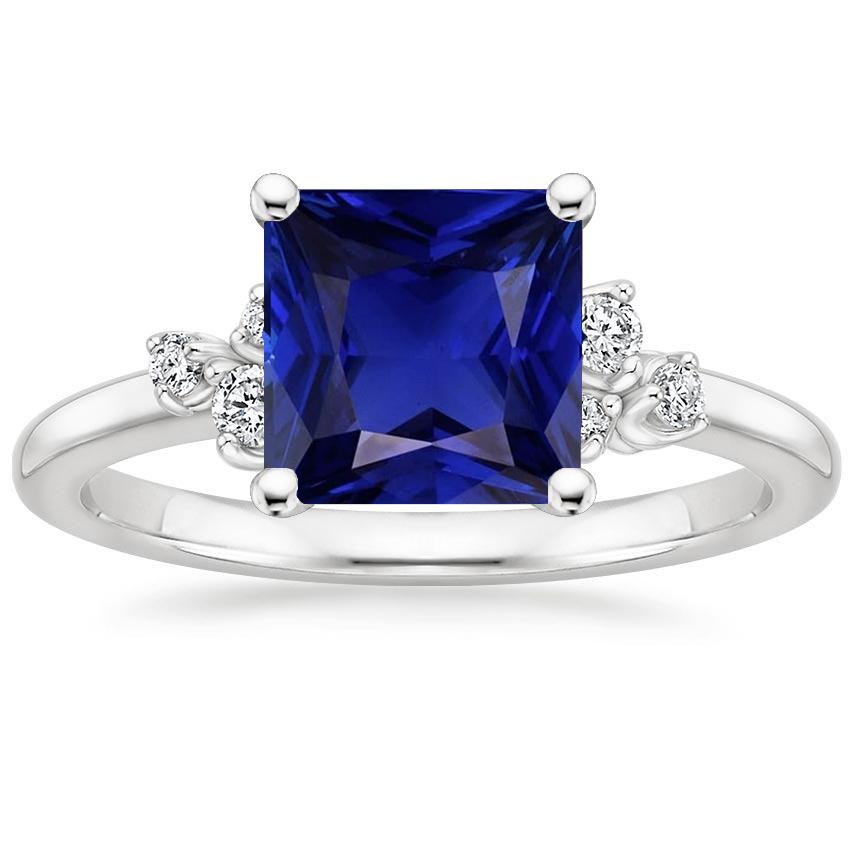 White Gold Diamond & Gemstone Ring 6 Carats Princess Cut Blue Sapphire