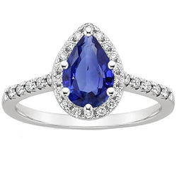 White Gold Natural Earth Mined Diamond Halo Gemstone Ring 6 Carats Pear Cut Blue Sapphire