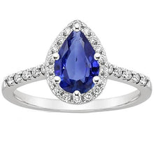 White Gold Diamond Halo Gemstone Ring 6 Carats Pear Cut Blue Sapphire