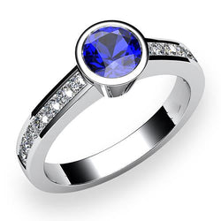 White Gold Natural Earth Mined Diamond Ring 2 Carat Round Bezel Set Blue Sapphire Gemstone