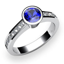 White Gold Diamond Ring 2 Carat Round Bezel Set Blue Sapphire Gemstone