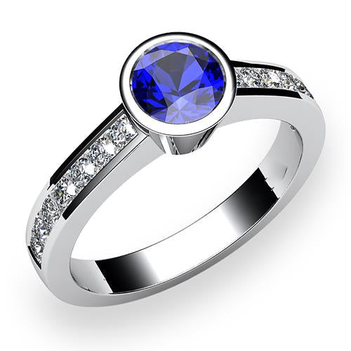 White Gold Diamond Ring 2 Carat Round Bezel Set Blue Sapphire Gemstone