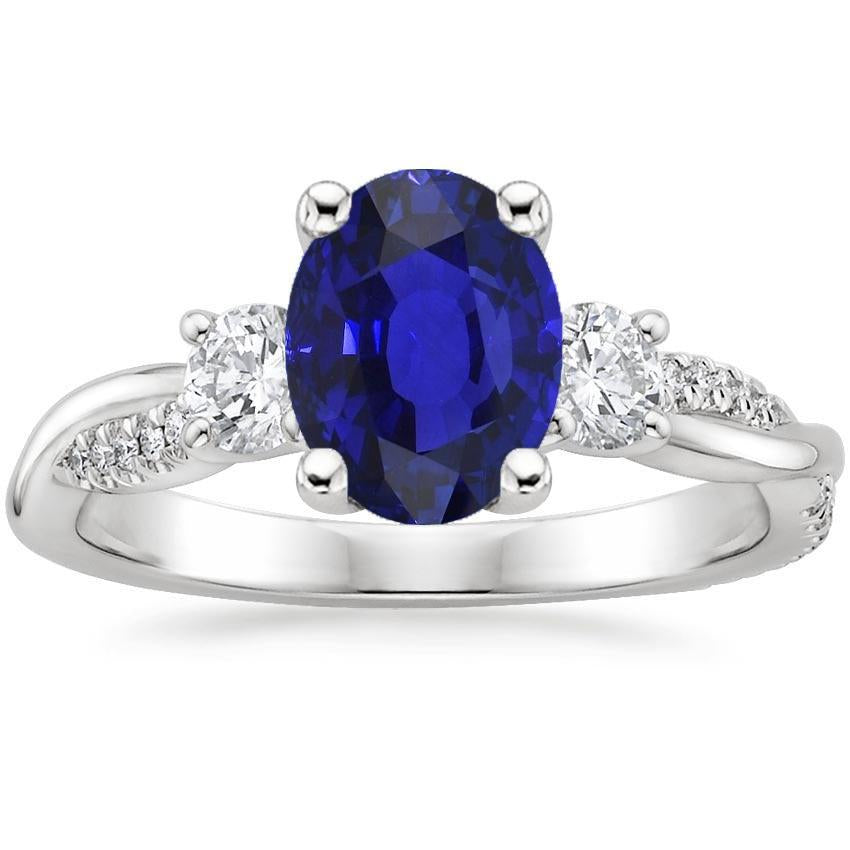 White Gold Diamond Ring Oval Blue Sapphire 3 Stone Style 6.50 Carats