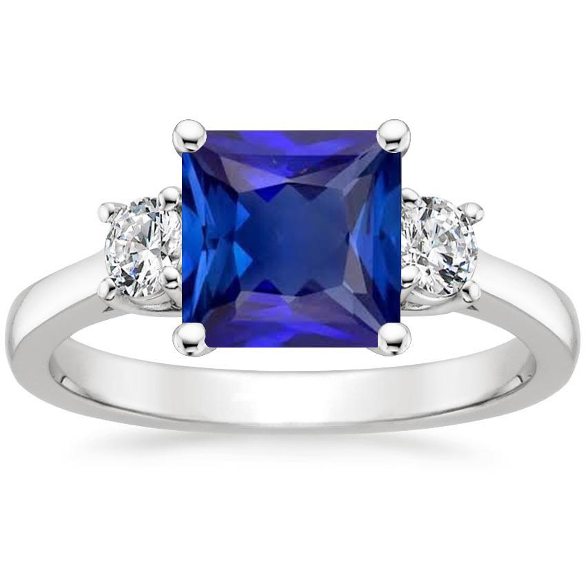 White Gold Diamond Ring Princess Ceylon Sapphire 3 Stone 5.50 Carats