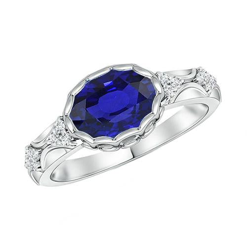 White Gold Diamond Ring Women Oval Blue Sapphire Bezel Set 3.75 Carats