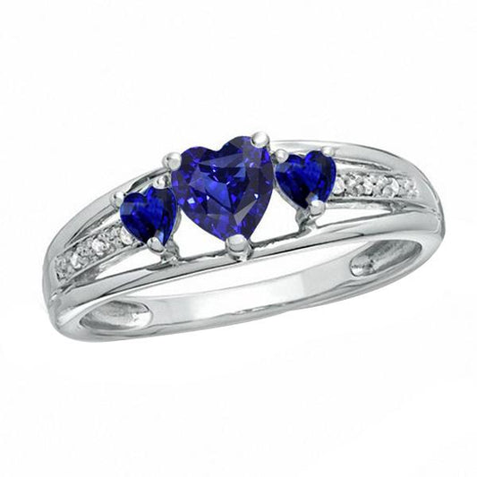 White Gold Diamond Ring Women's Gemstone Heart Blue Sapphires 2 Carats