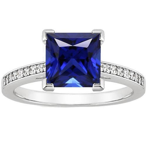 White Gold Engagement Ring Princess Blue Sapphire & Diamond 4 Carats