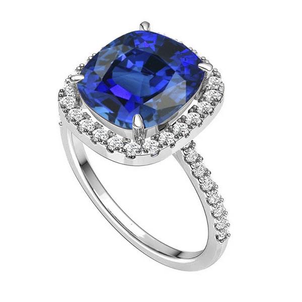 White Gold Halo Cushion Srilanka Sapphire Ring 4.50 Carats Jewelry