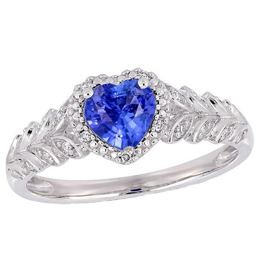 White Gold Halo Heart Blue Sapphire Ring Leaf Style 2.50 Carats