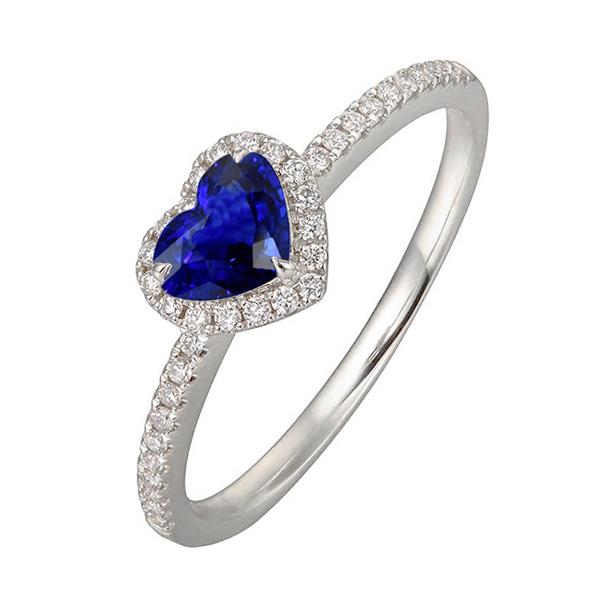 White Gold Halo Heart Ceylon Sapphire Ring & Pave Set Diamond 3 Carats