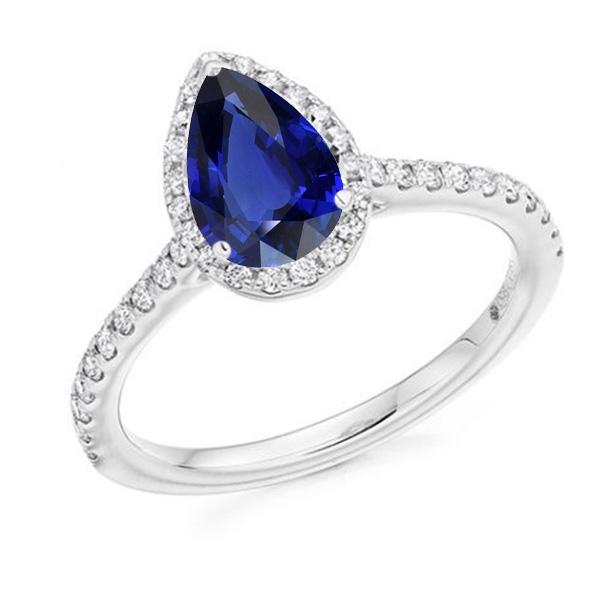 White Gold Halo Pear Sri Lankan Sapphire Ring 3.50 Carats Diamonds