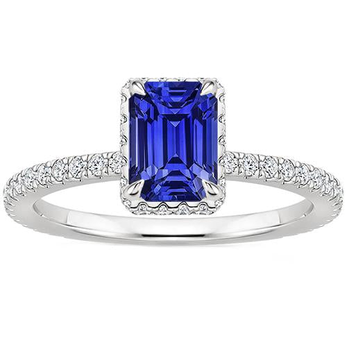 White Gold Halo Ring Emerald Blue Sapphire & Diamond 4.25 Carats
