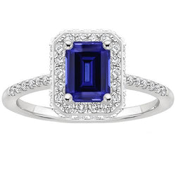 White Gold Halo Ring Emerald Ceylon Sapphire & Diamond 4.25 Carats